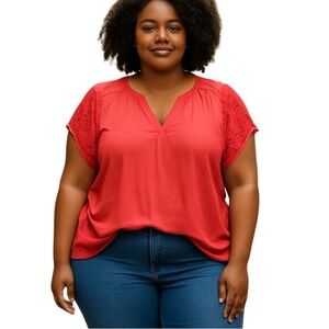 Talbots Casual Modal Cotton Embroidered Short Cap Sleeve Split Neck Tee 3X Coral